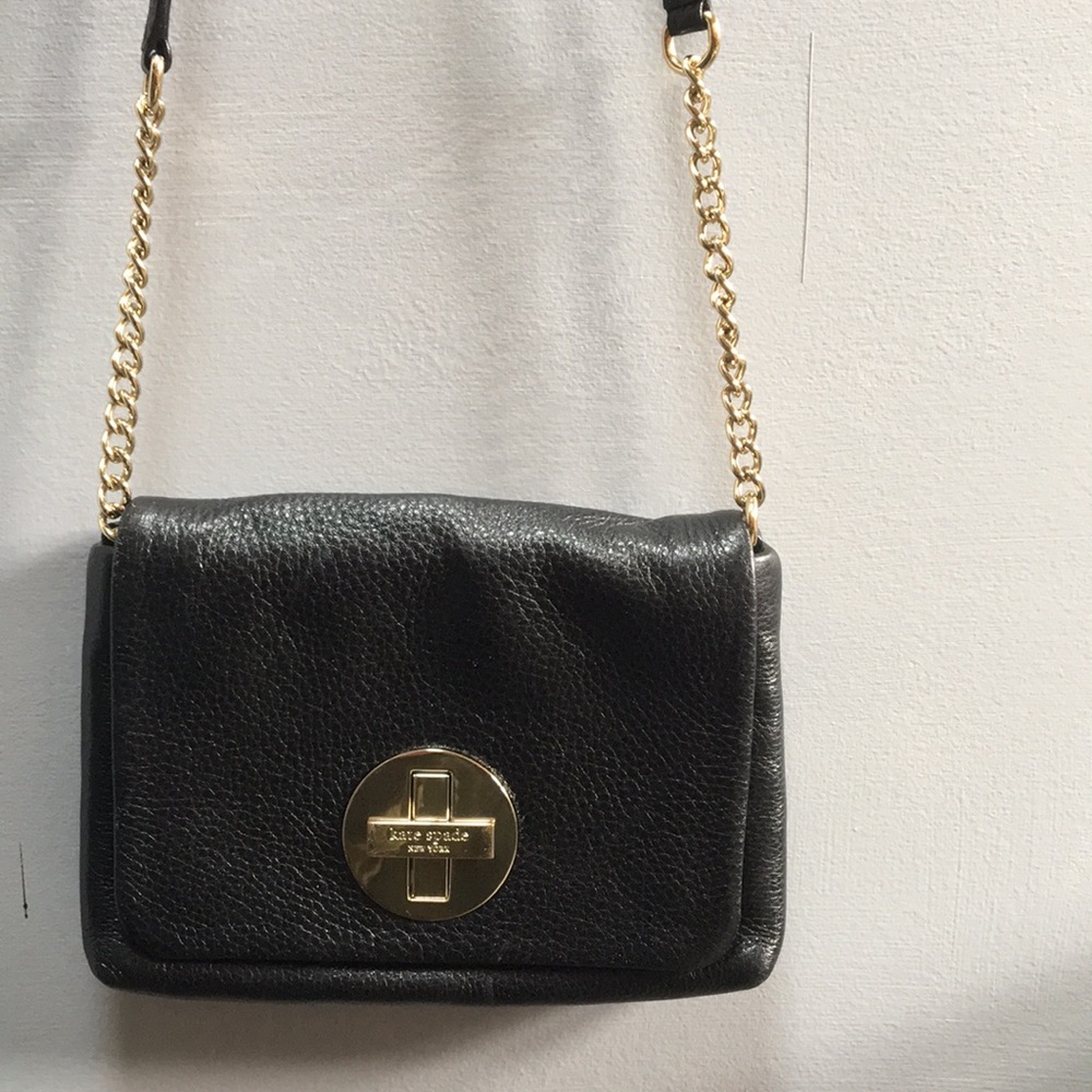 Black leather purse with gold chain, small